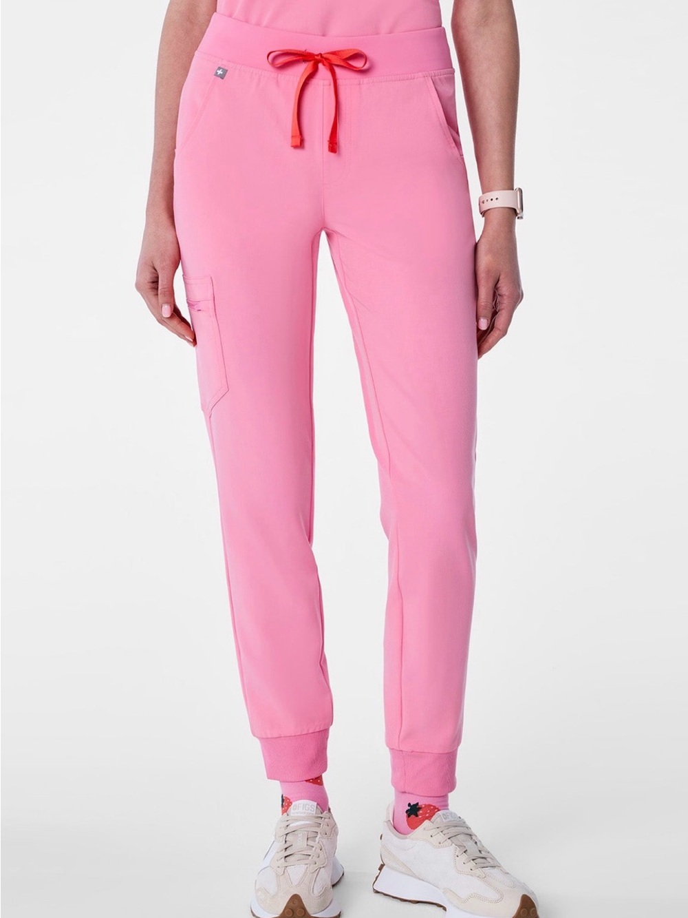 Figs Pink Jogger Scrub Pants with Red Drawstring- style Zamora